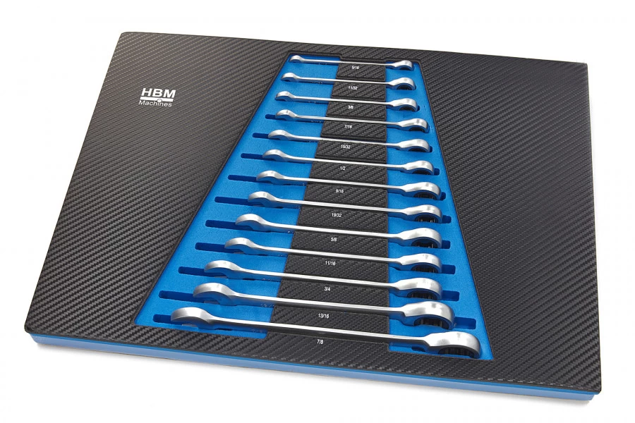 HBM 13 Delige Ring, Ratel, Steeksleutelset INCH In Carbon Foam Inlay Voor Gereedschapswagen 1 HBM 13 Delige Ring, Ratel, Steeksleutelset INCH In Carbon Foam Inlay Voor Gereedschapswagen