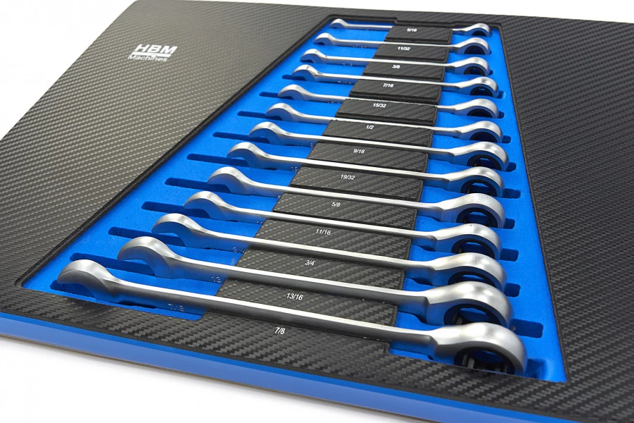 HBM 13 Delige Ring, Ratel, Steeksleutelset INCH In Carbon Foam Inlay Voor Gereedschapswagen 2 HBM 13 Delige Ring, Ratel, Steeksleutelset INCH In Carbon Foam Inlay Voor Gereedschapswagen - Afbeelding 2